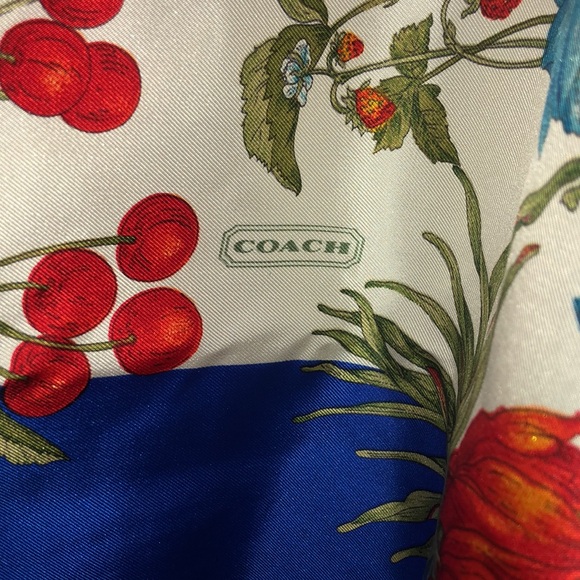 34x34 Coach Silk Scarf Adorned With Florals, Cherries, Vines and a Blue Boarder - Picture 2 of 7